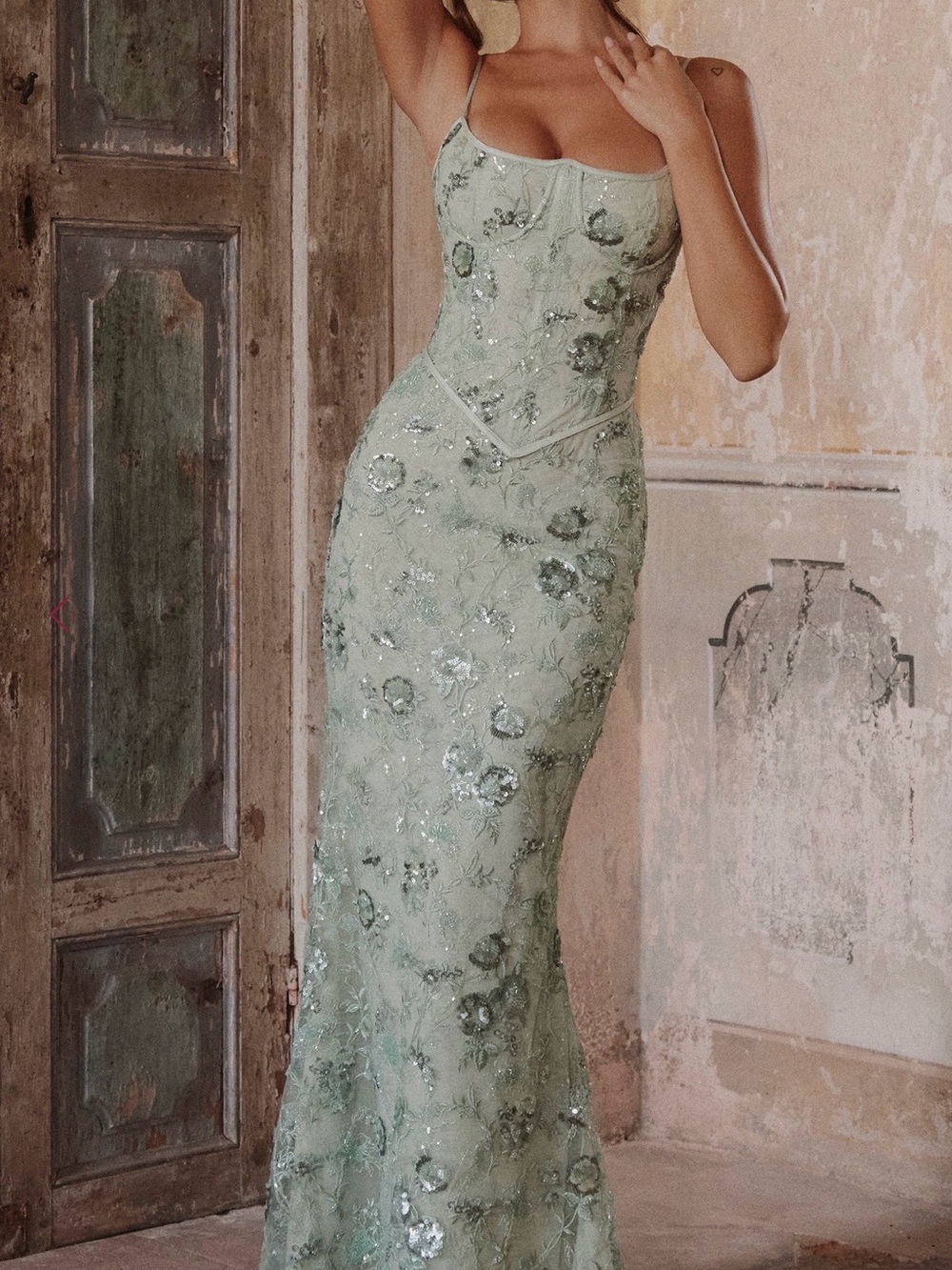 House of CB Mint Green Embellished Floral Maxi Dress